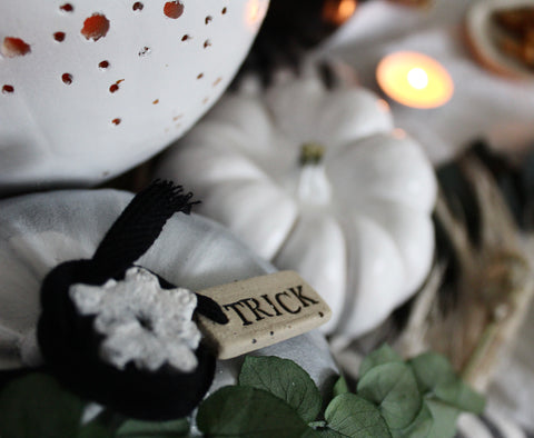 a close up of a pumpkin, with a ceramic tag saying 'trick' tied to it's stalk