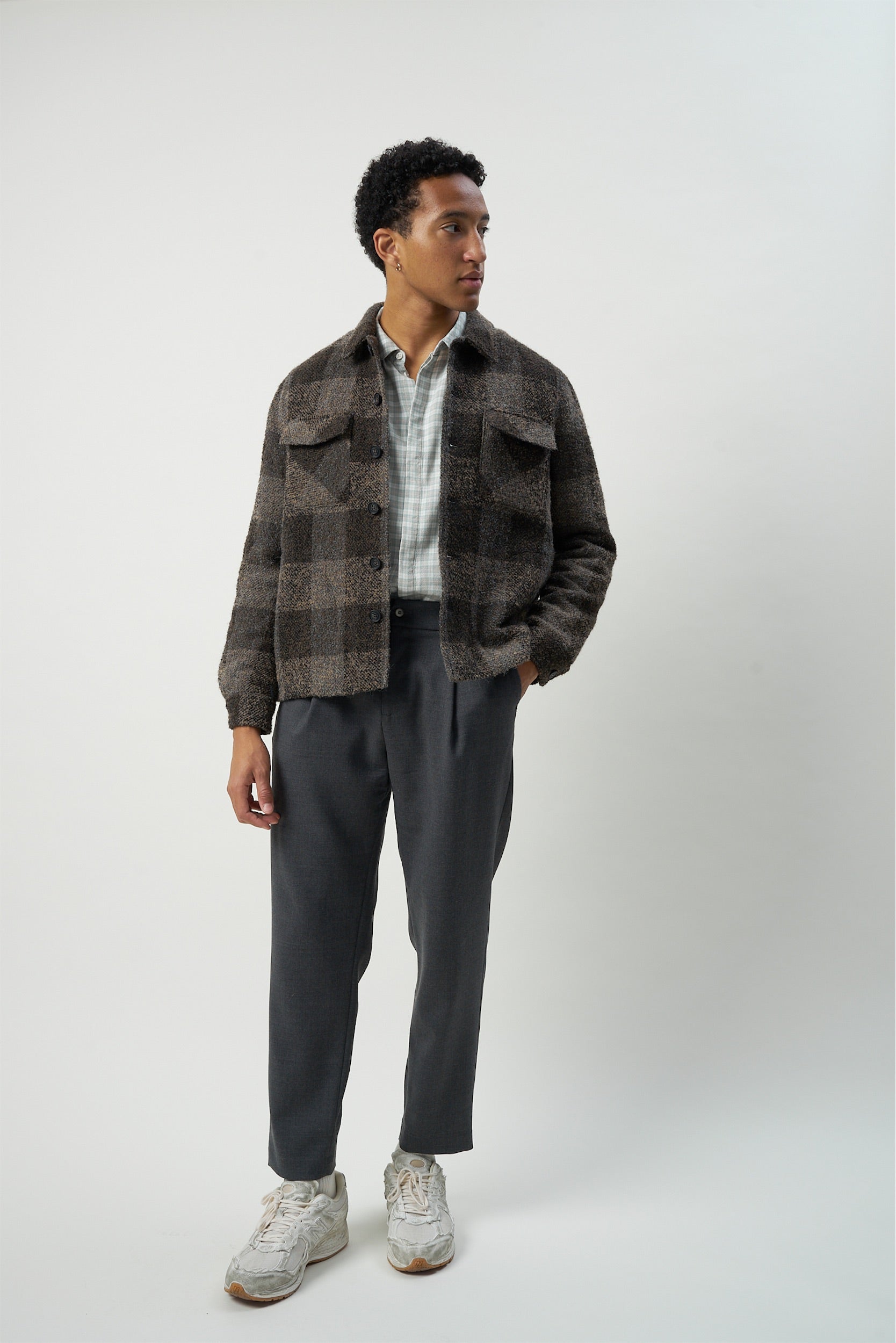Winter Jacket in the Finest Tonal Brown Grey Checked Italian Soft Virgin and Alpaca Wool
