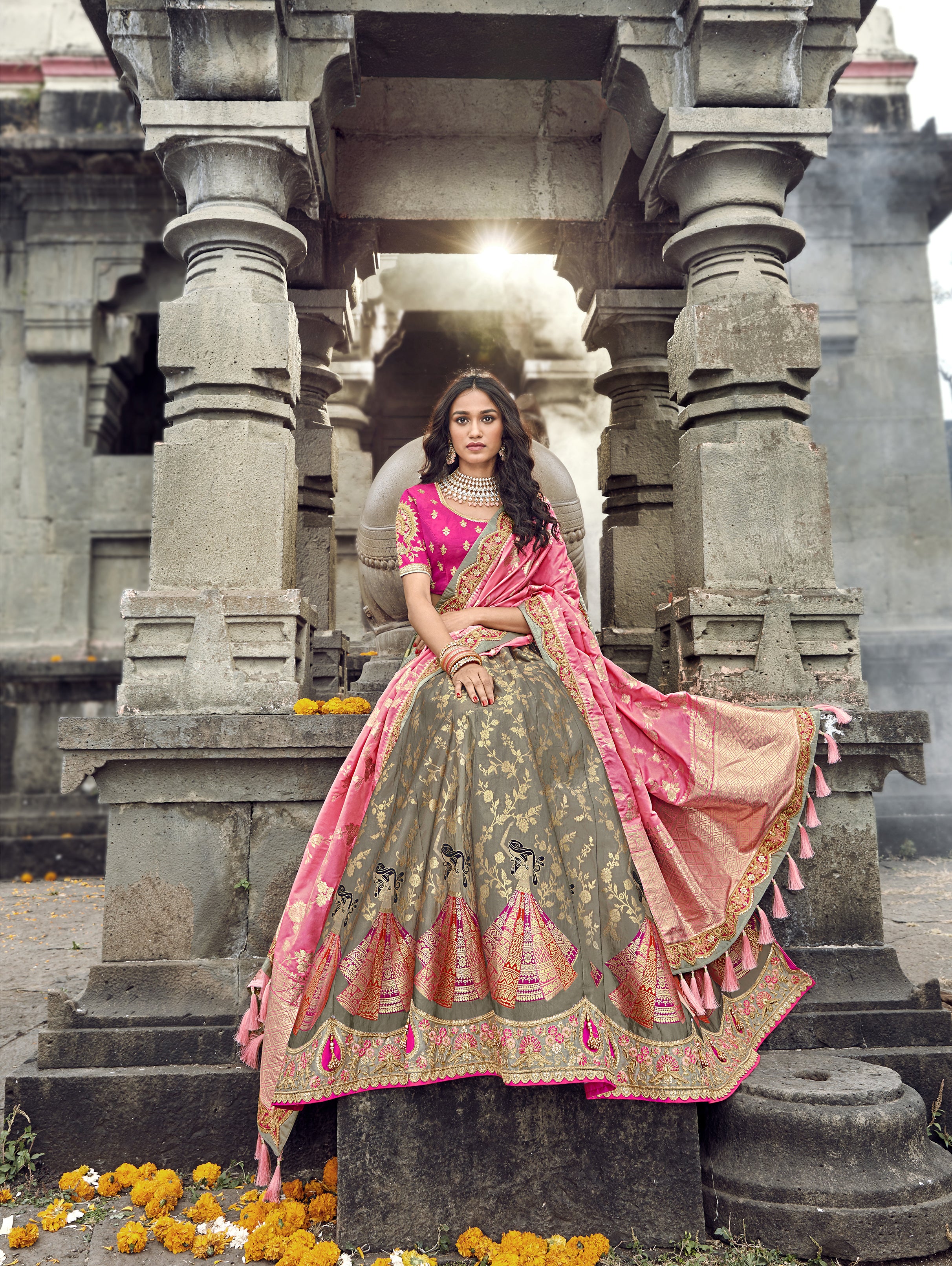 Pink And Grey Banarasi Silk Lehenga With Zari Work (PRE-ORDER) 3705