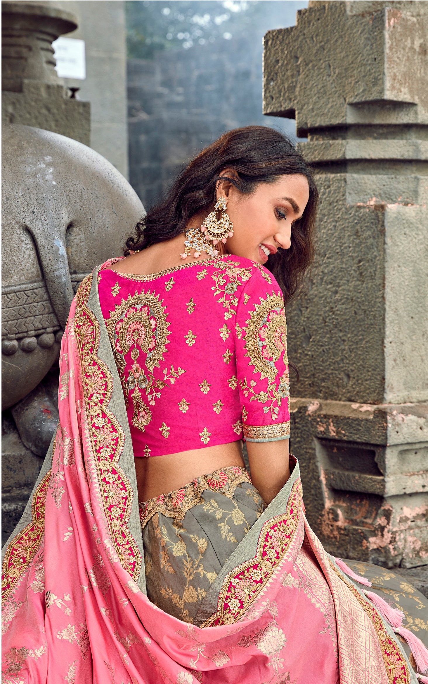 Pink And Grey Banarasi Silk Lehenga With Zari Work (PRE-ORDER) 3705