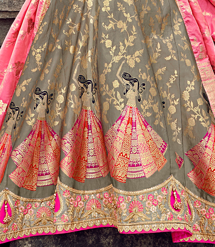 Pink And Grey Banarasi Silk Lehenga With Zari Work (PRE-ORDER) 3705