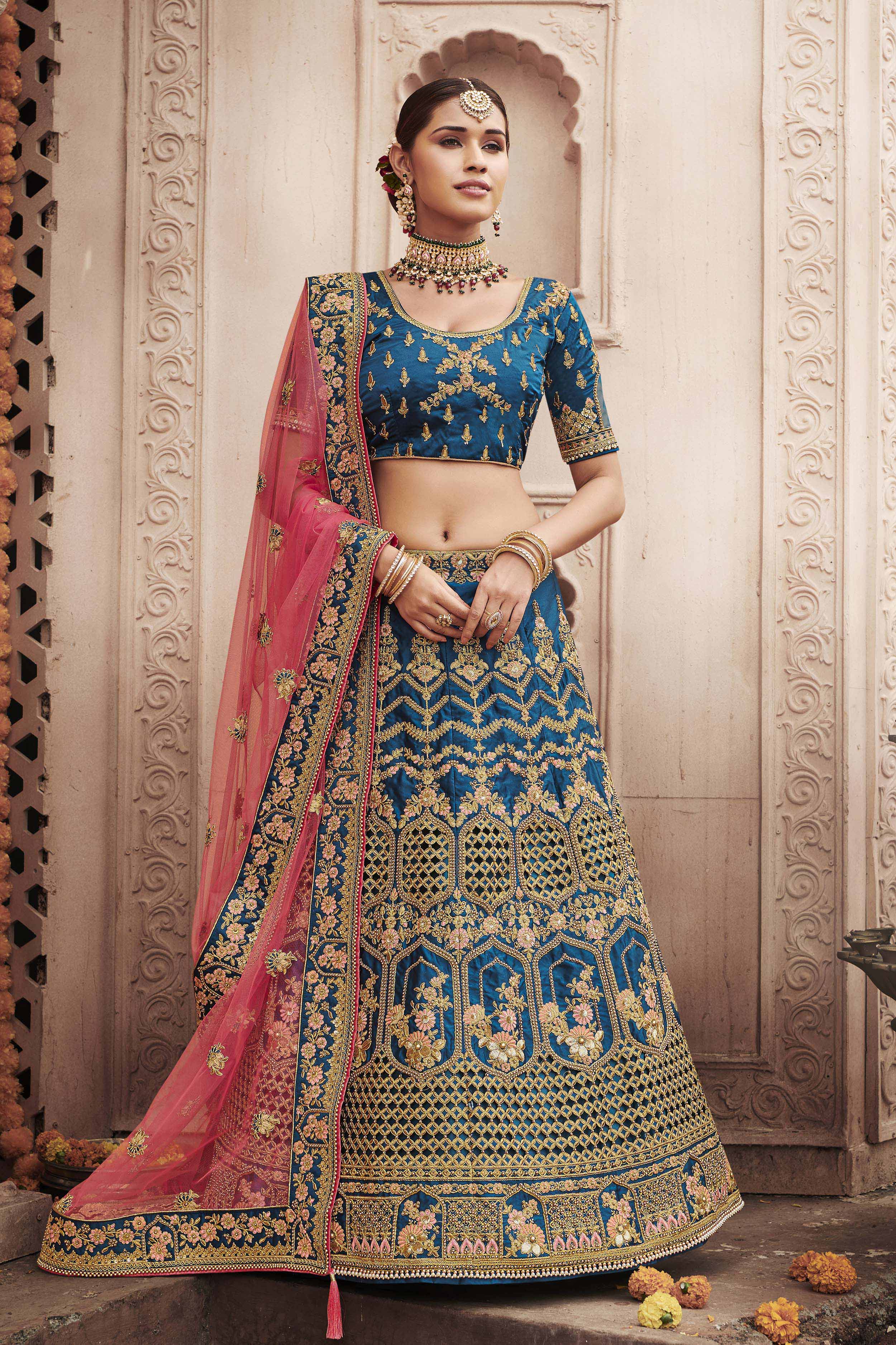 Bridal Lehenga|India| Navy Blue Silk Bridal Lehenga Choli With Heavy Thread  Embroidery And Stone Work