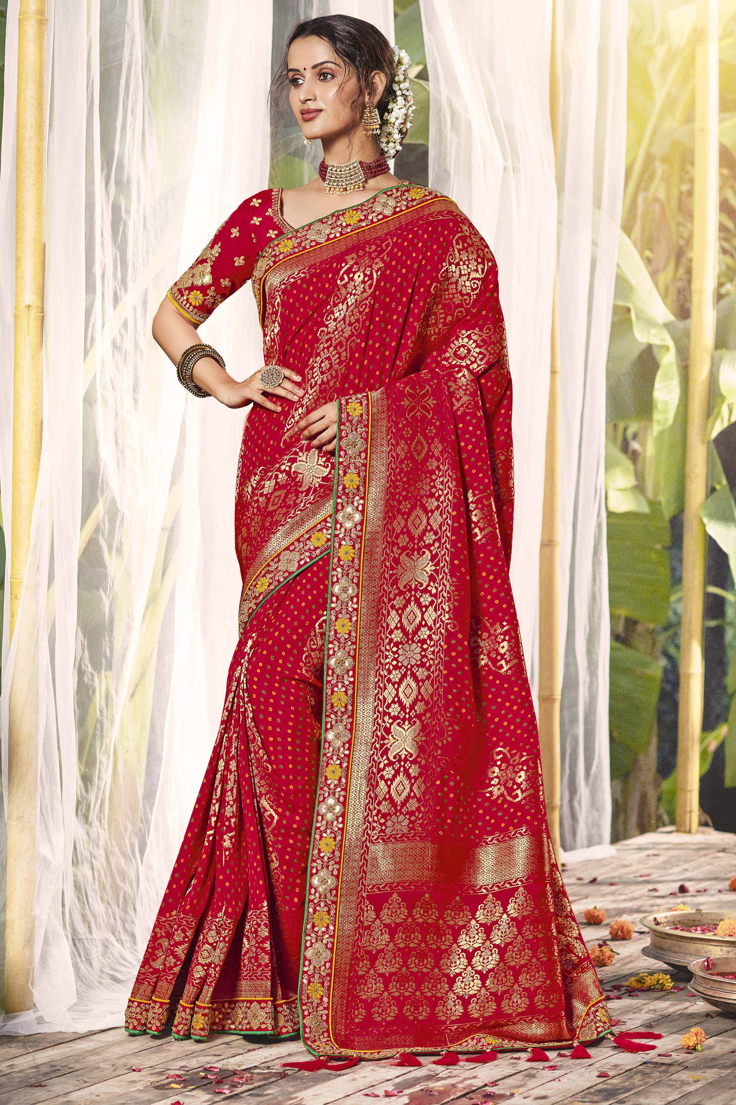 Buy Blood Red Ready-Pleated Saree In Georgette