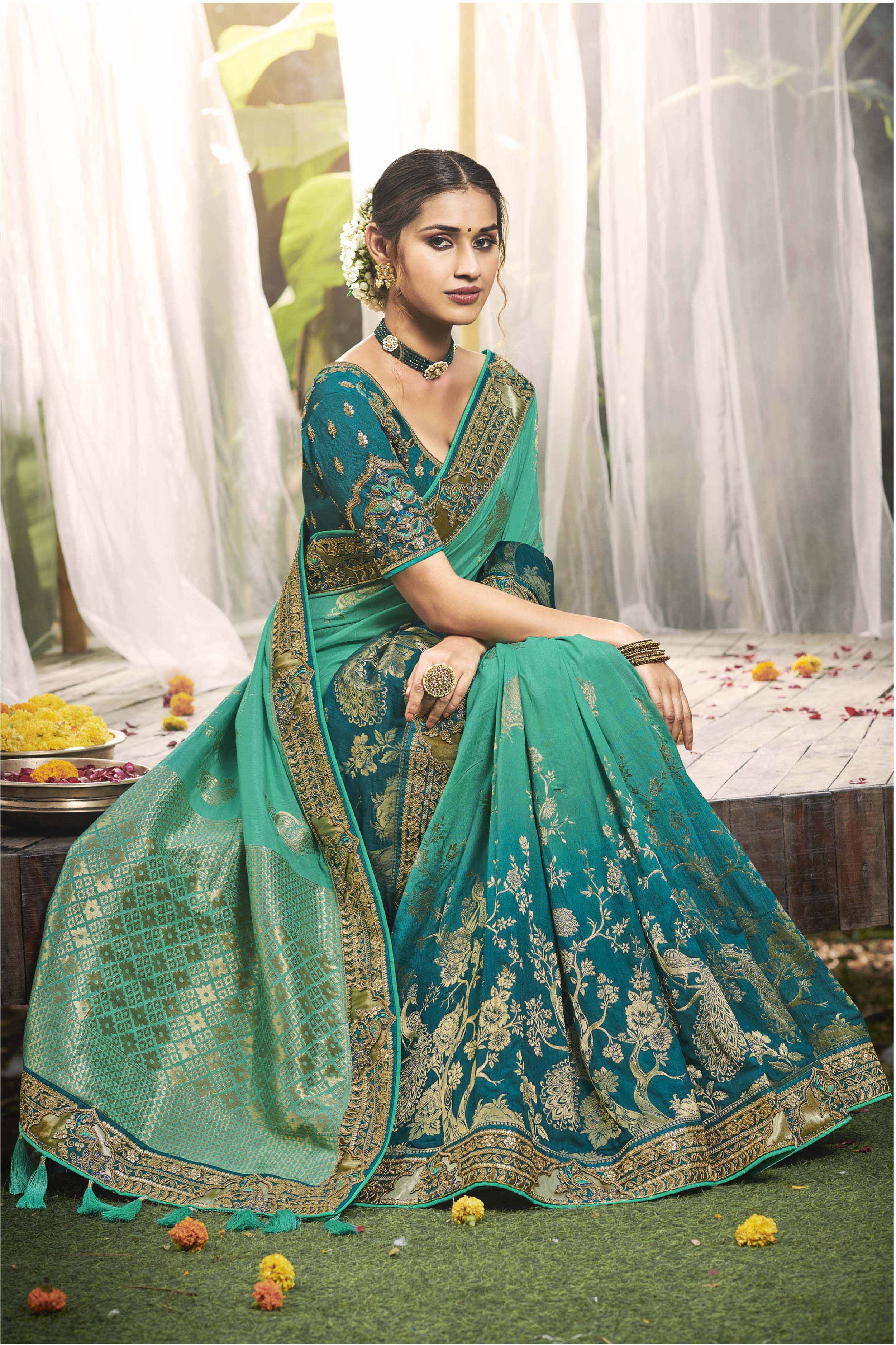 Buy Green Zari Banarasi Silk Saree With Blouse Online At Zeel Clothing