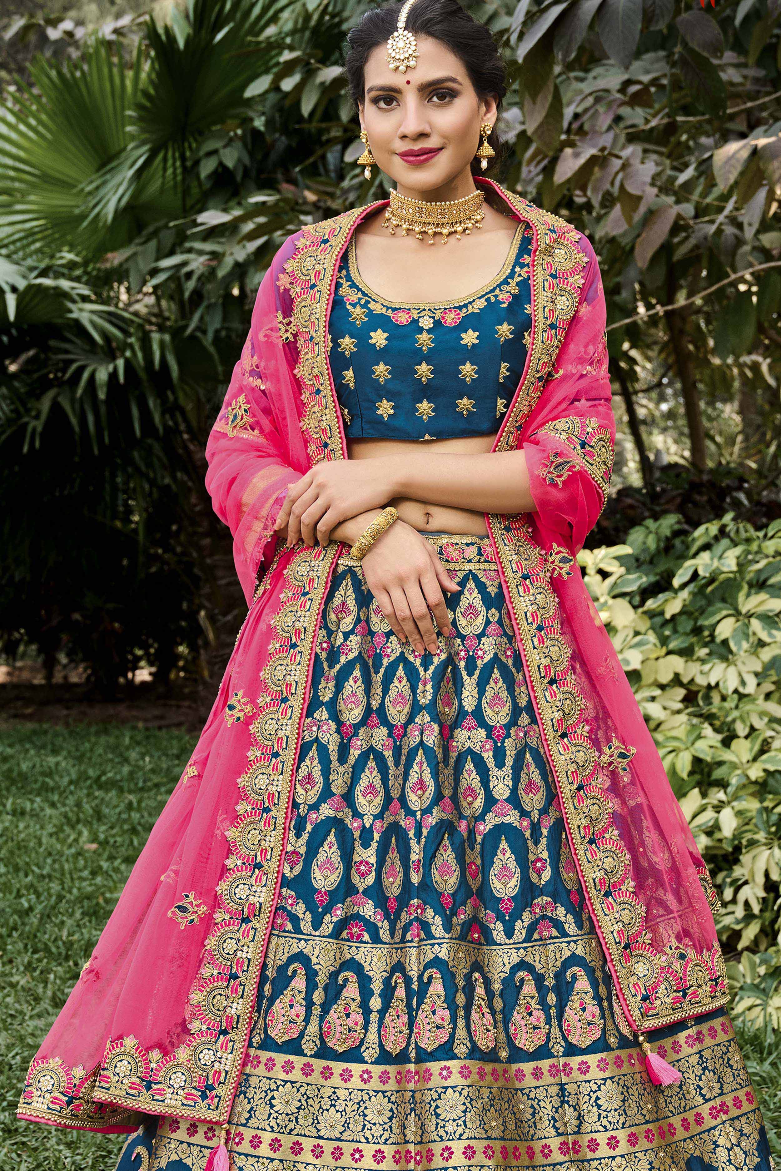 Classy Sky Blue and Pink Colored Lehenga In Georgette Fabric - Rent