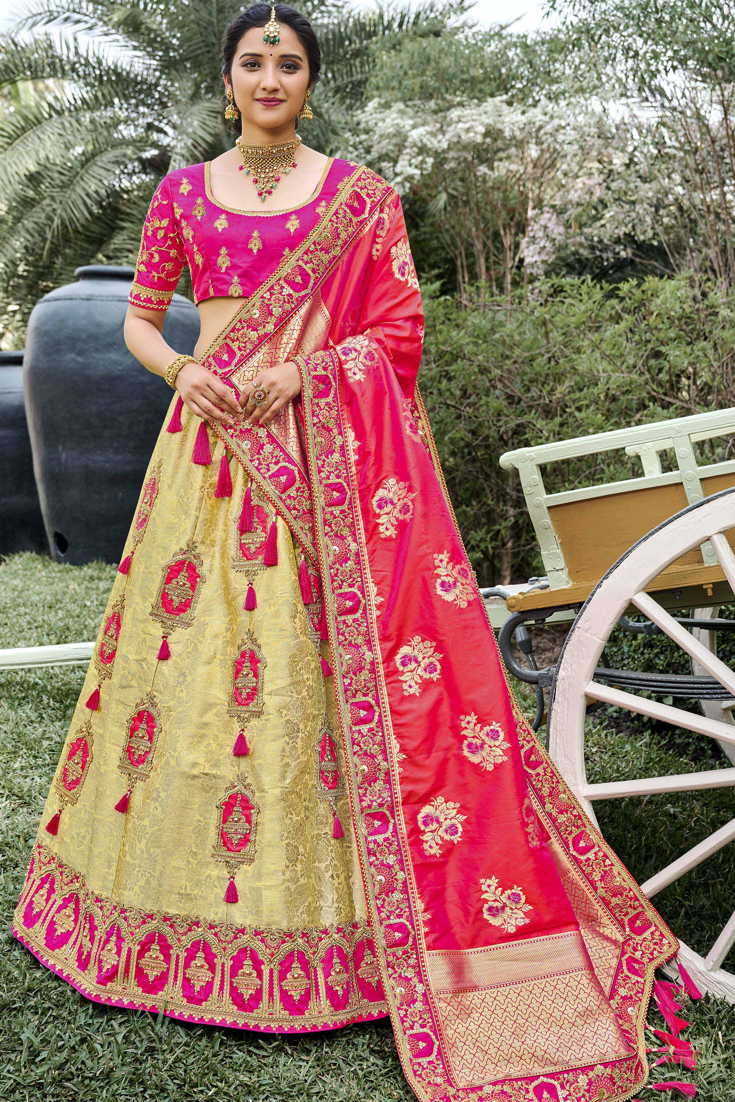 Pink And Grey Banarasi Silk Lehenga With Zari Work (PRE-ORDER) 3705