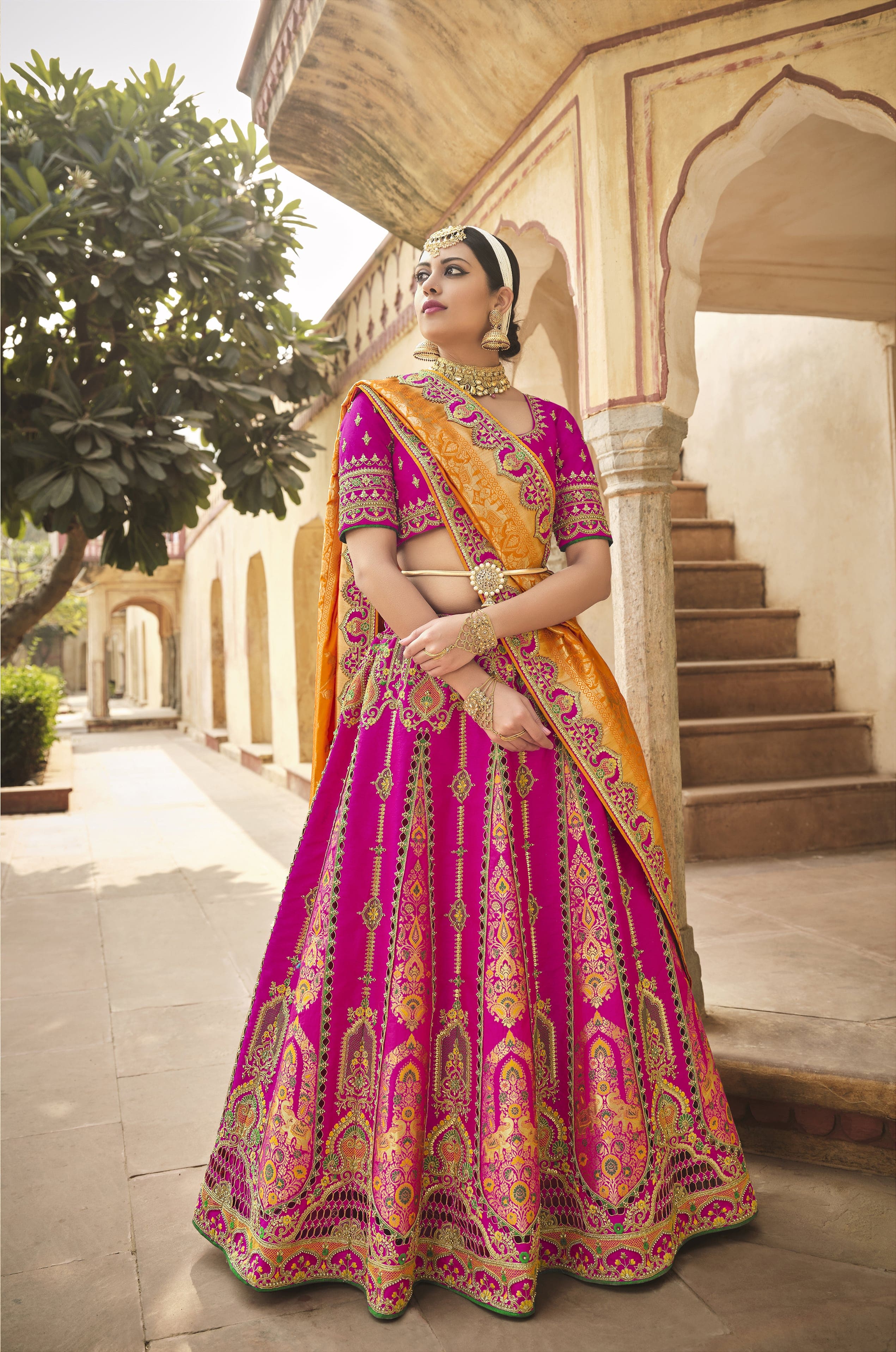 Peach Golden Blouse Lehenga – Rocky Star