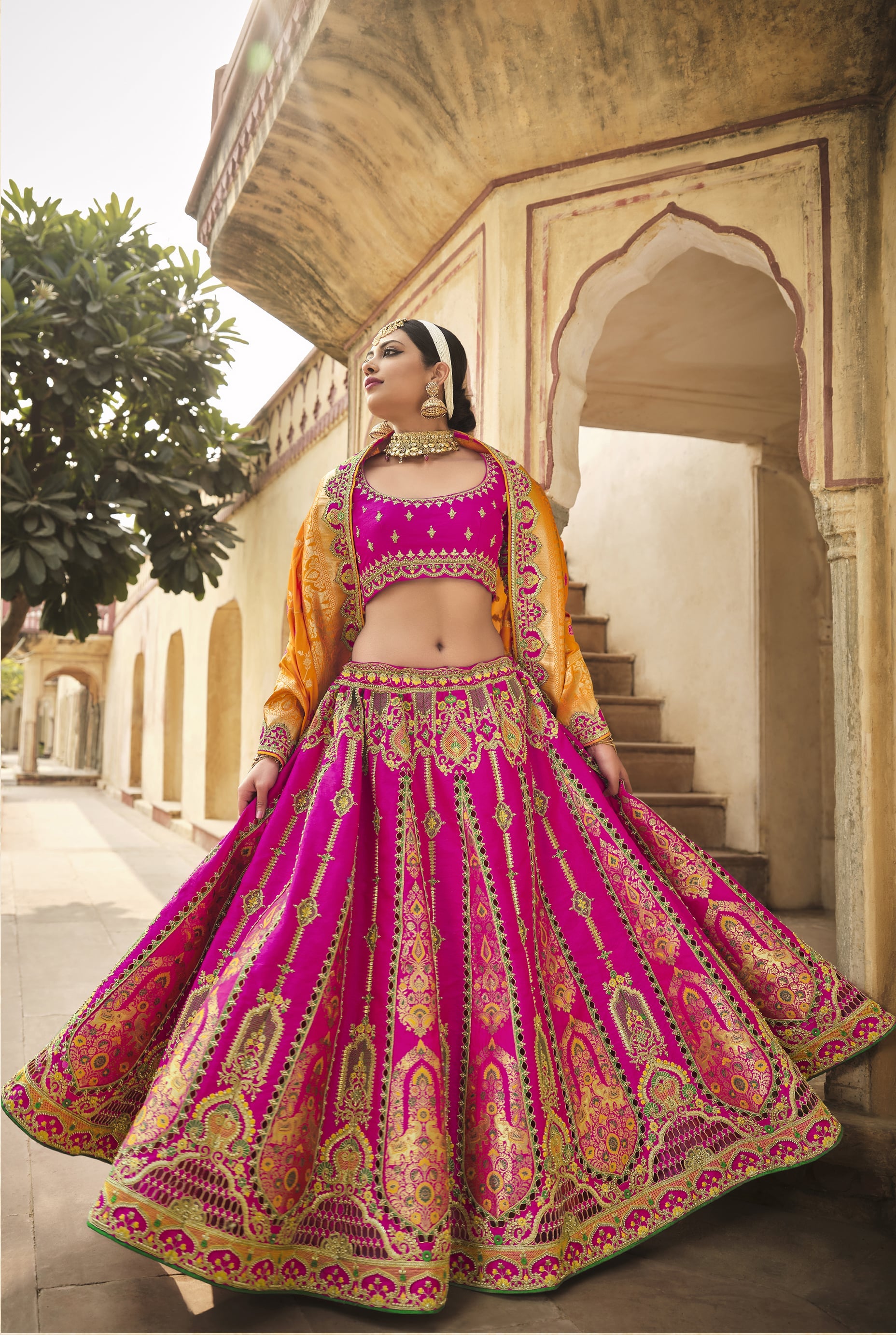 Orange Handloom Banarasi Lehenga with Pink Mughal Zardozi Dupatta –  WeaverStory