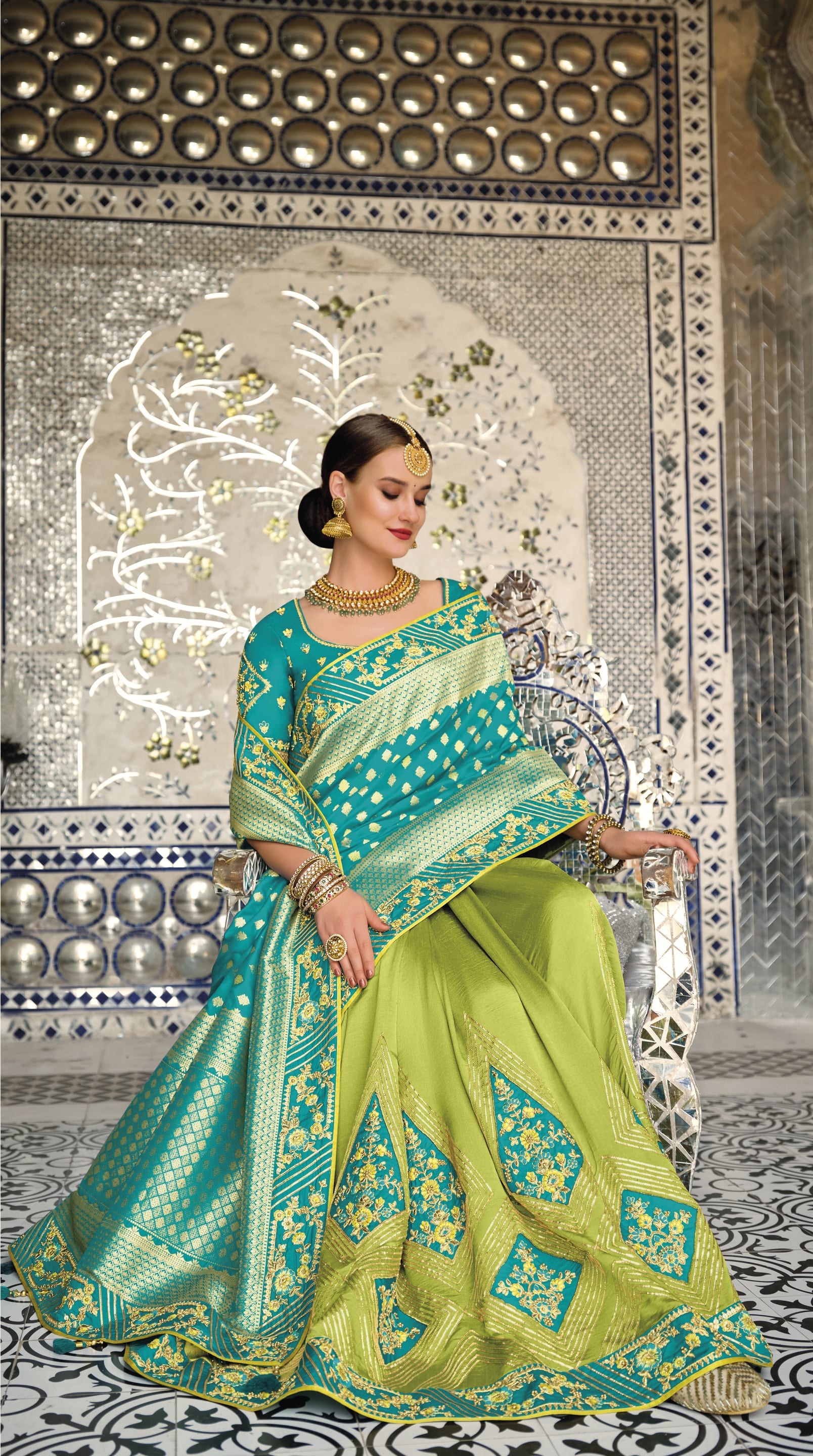 Pista Green Designer Embroidered Silk Party Wear Saree