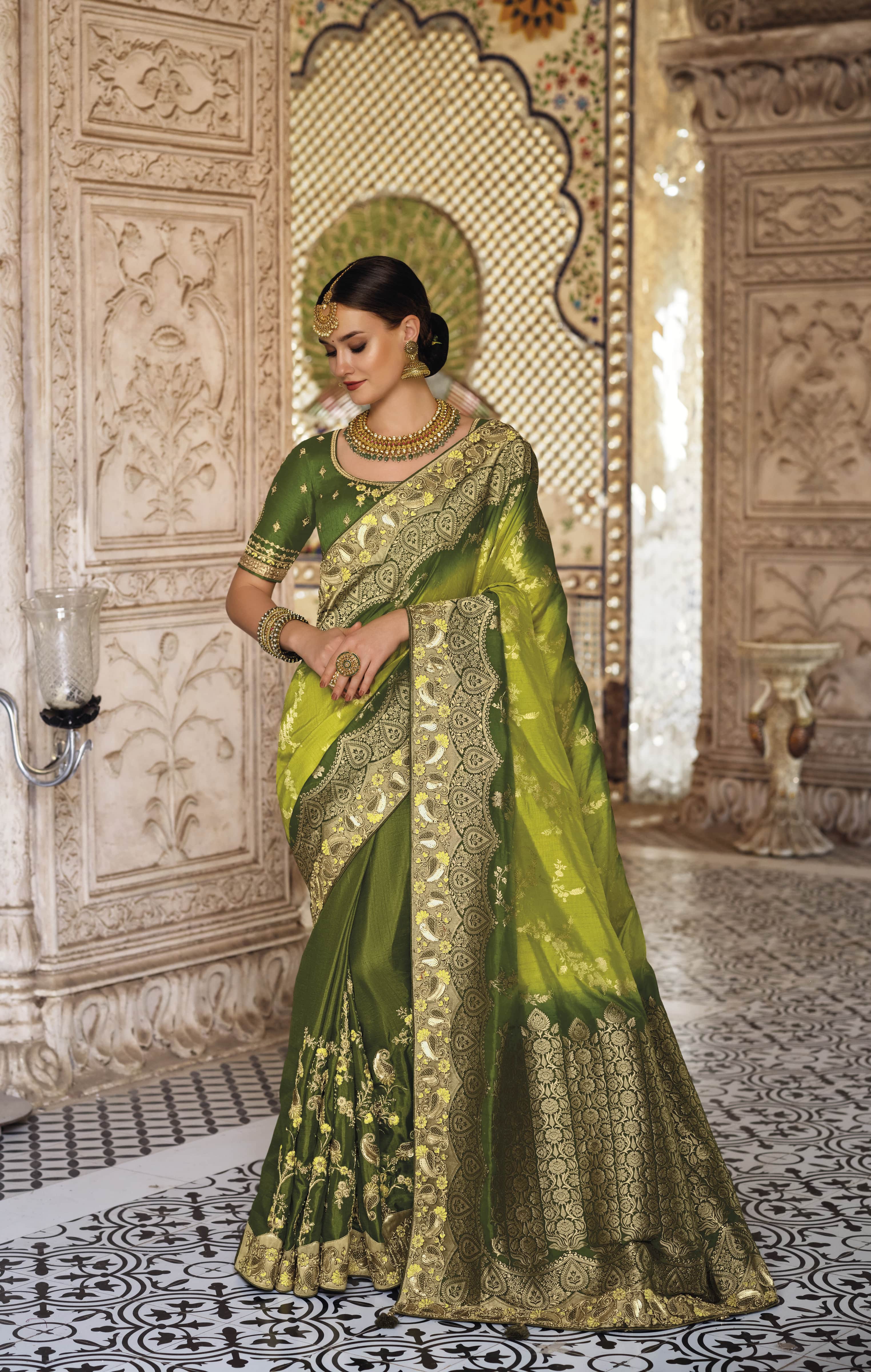 Mehendi woven silk saree with blouse - Monjolika - 3273769