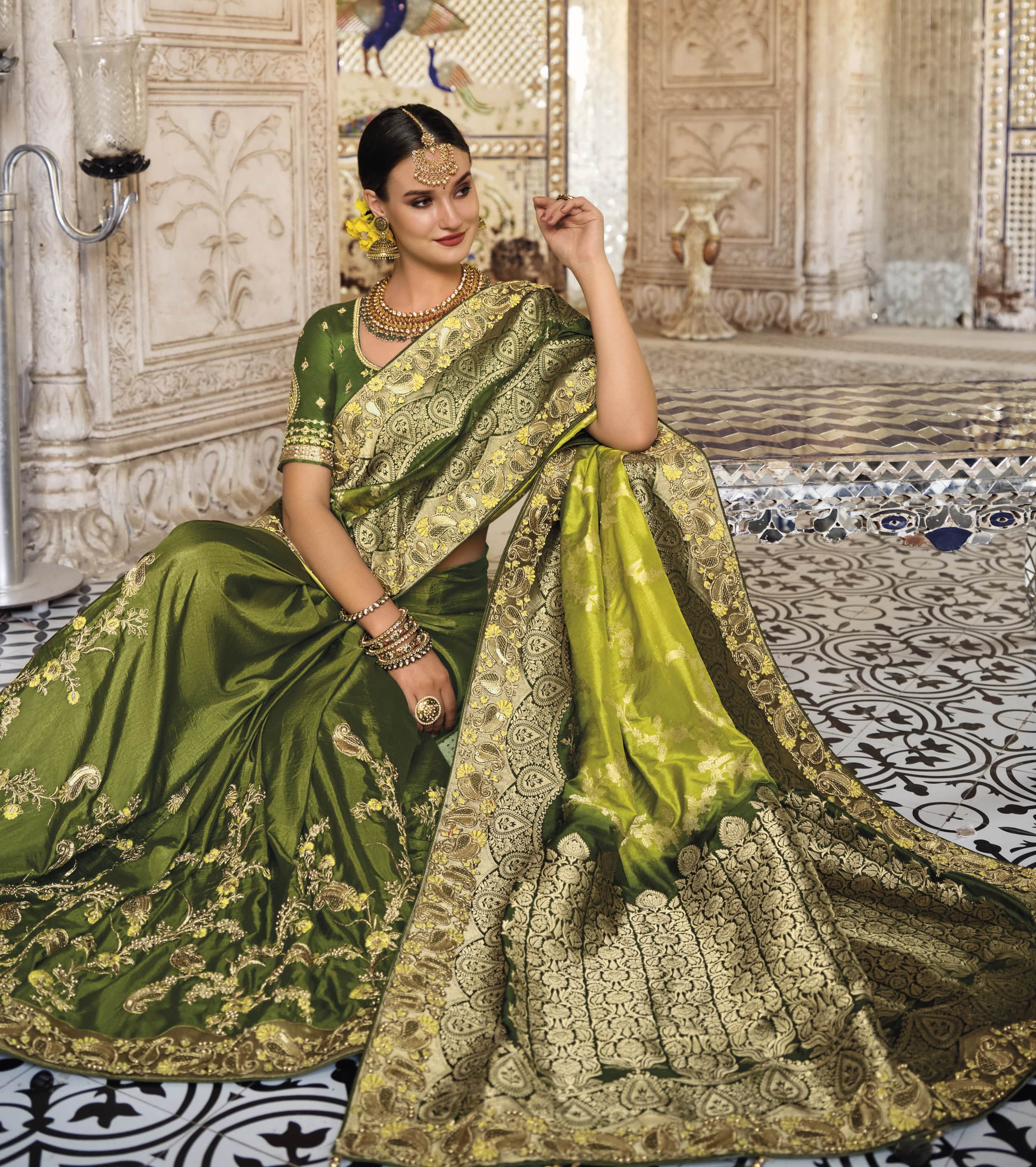 Embroidered Work On Bewitching Art Silk Saree In Mehendi Green Color