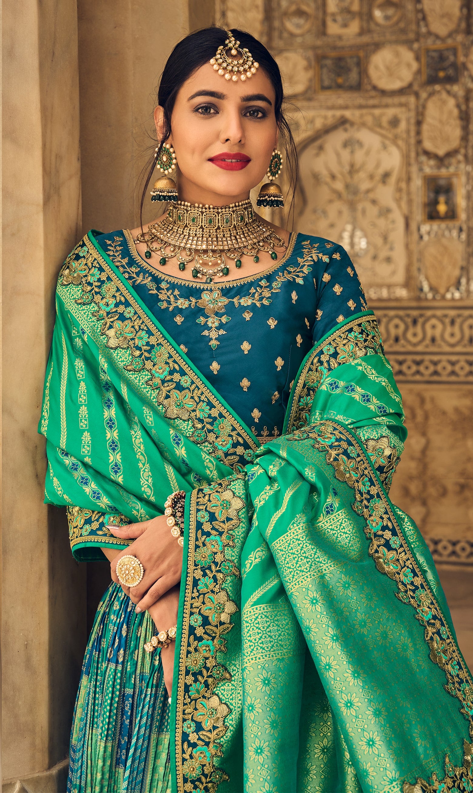 Buy Designer Sarees, Salwar Kameez, Kurtis & Tunic and Lehenga Choli.Comely  Pista Green And Blue Lehenga Saree