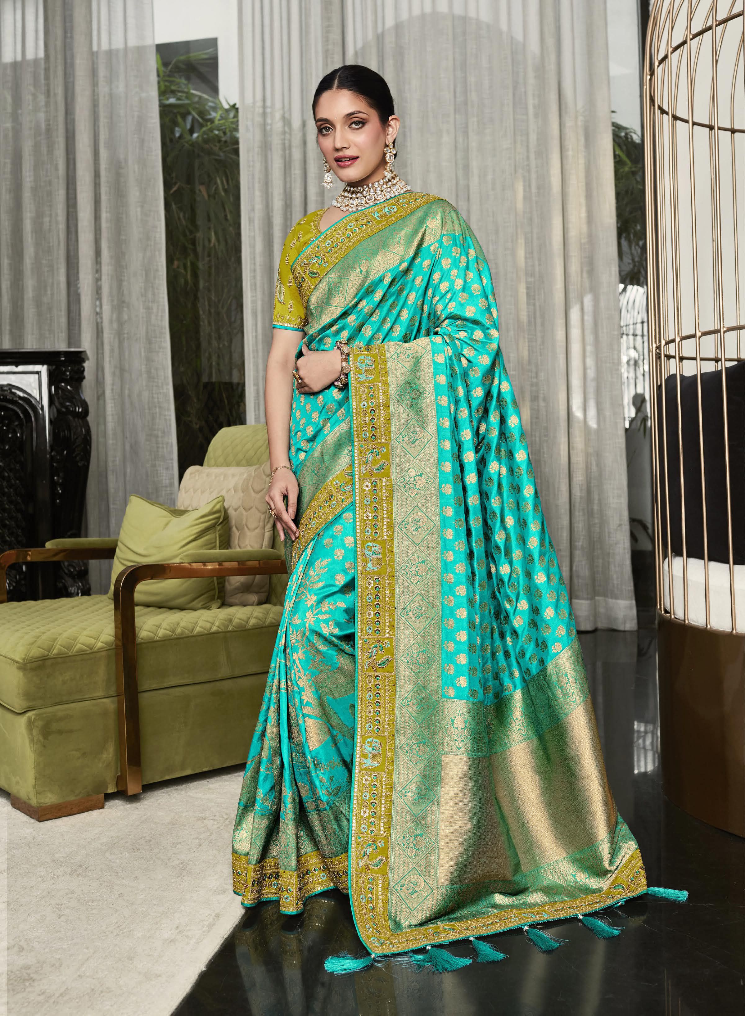 Firozi Color Banarasi Silk Saree -adhishri Collection Yf#22359 at Rs  6873.00 | Mumbai| ID: 2849568757430