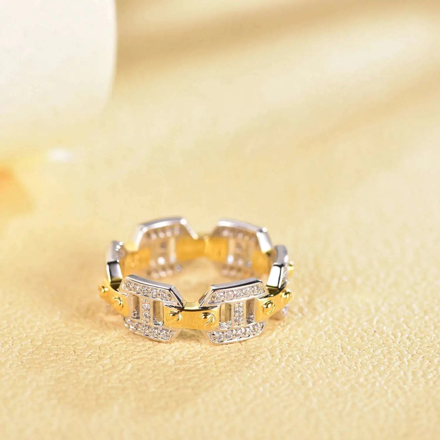 Custom Geometry Hollow Out Two Tone White and Yellow Gold Engagement Rings