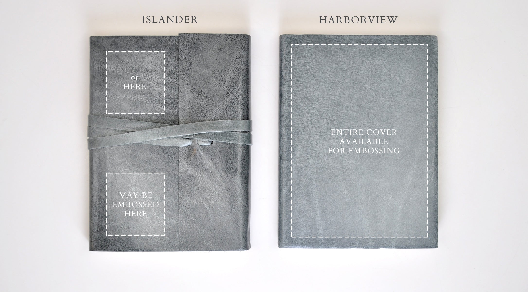 Areas available for embossing on Harborview and Islander Leather Journals.