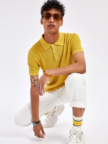 Casual Plain Viscose Yellow Polo Tops