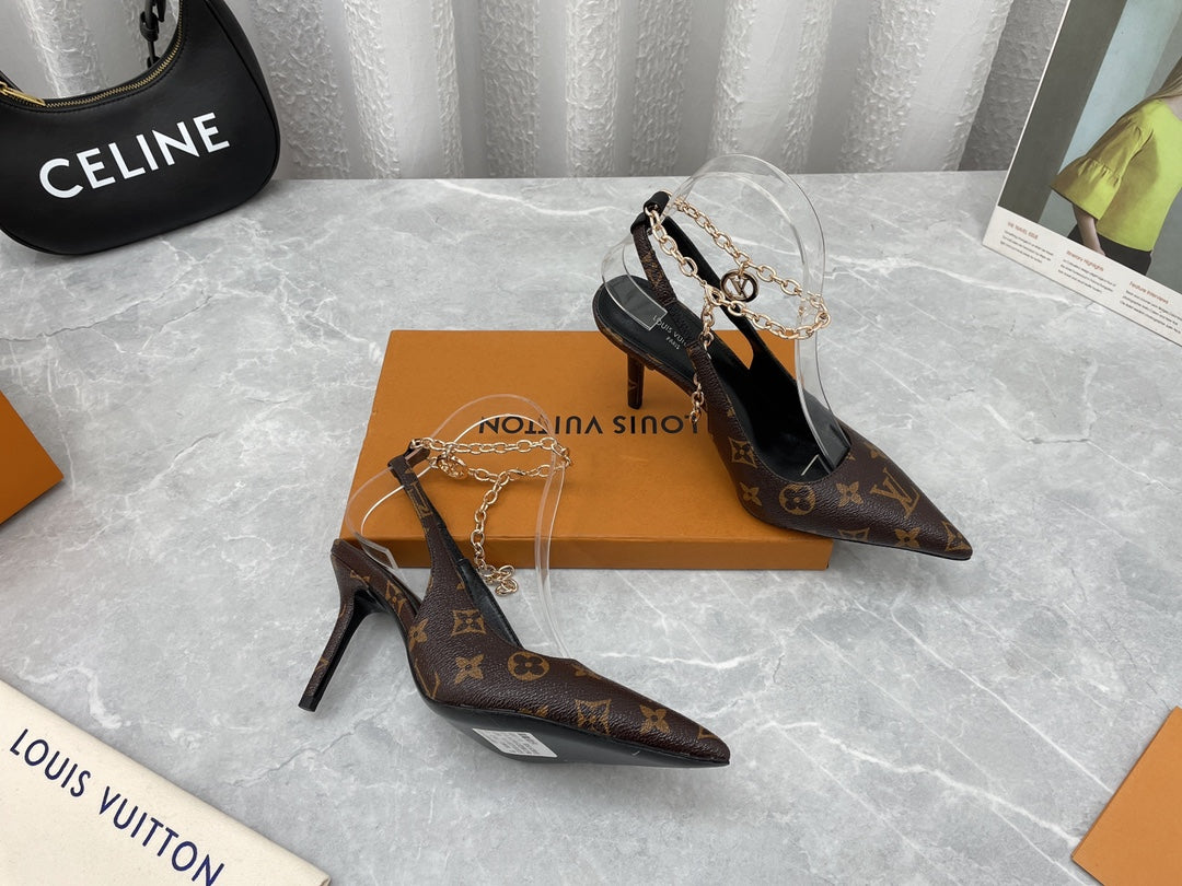 New Louis Vuitton pointed stiletto sandals metal chain sexy ladi