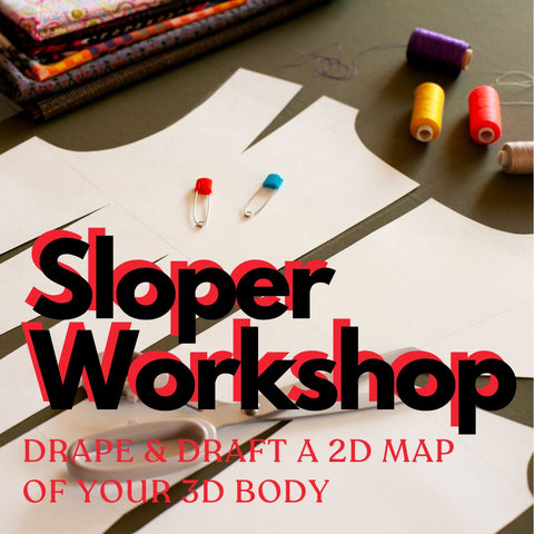 Graphic image reads "Sloper Workshop: Drape and Draft a 2D Map of your 3D Body"