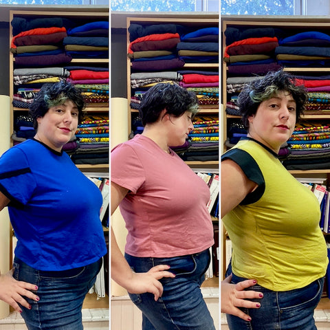A montage of 3 photos, in which Ruby models three different Arm Candy Tees in diminishing sizes.