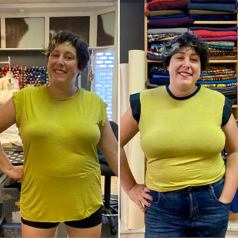 Two images of Ruby side by side. On the left she is wearing the green Arm Candy Tee in a size J and the fit is loose. On the right she wears the same shirt, recut to a size H, and the fit is very snug.