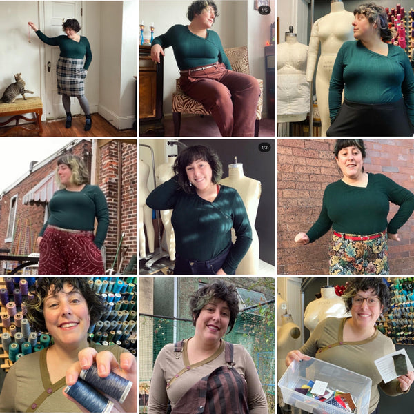 A photo collage of Ruby wearing two different green knit blouses with an asymmetrical neckline in different settings and outfit contexts.