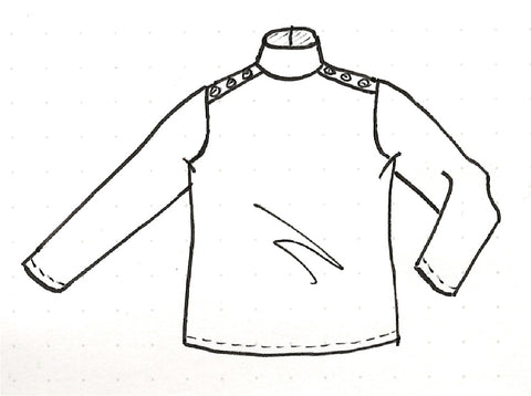 Flat sketch of Arm Candy Tee with mock neck and shoulder placket modifications