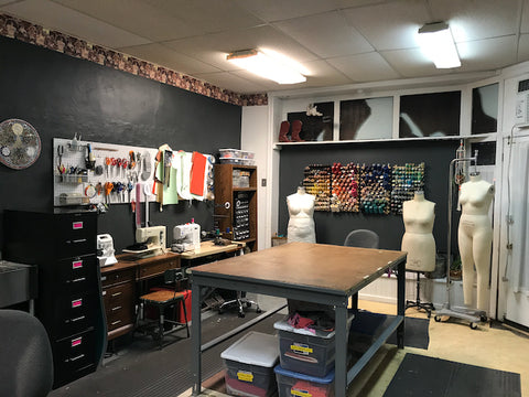 My sewing studio houses my collection of sewing machines as well as two large cutting tables, and five dress forms.