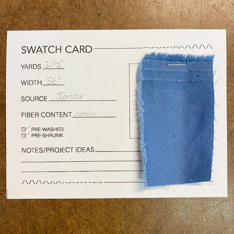 Here is a piece of blue twill stapled to one of the first swatch cards I made.