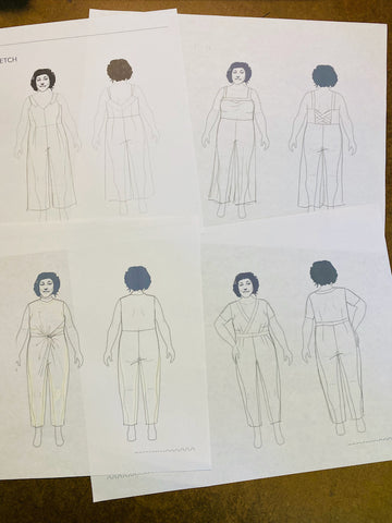 Four pencil sketches of various jumpsuit designs are drawn over a light outline of a body.