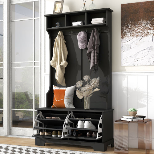 Black All in One Hall Tree with 3 Top Shelves and 2 Flip Shoe Storage Drawers, Wood Hallway Organizer with Storage Bench