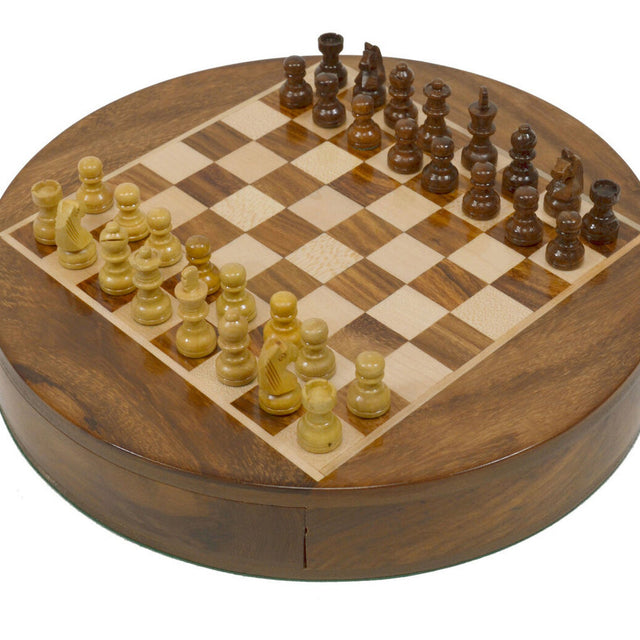 Picture of Travel Series Round Magnetic Chess Set in Sheesham & Box Wood