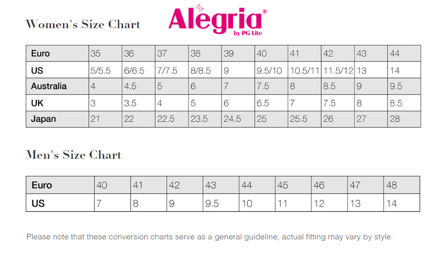 Alegria Size Chart