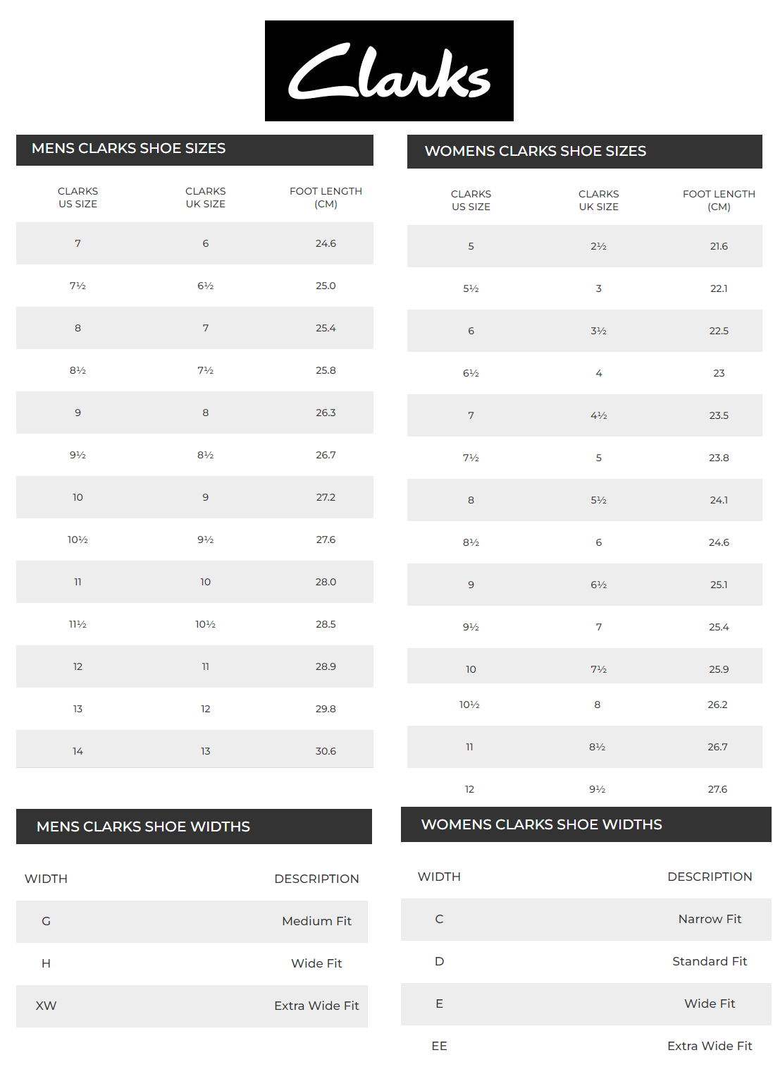 Clarks Size Chart