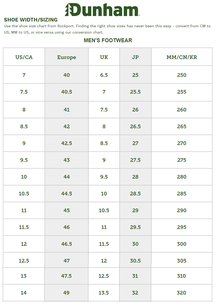 Dunham Size Chart