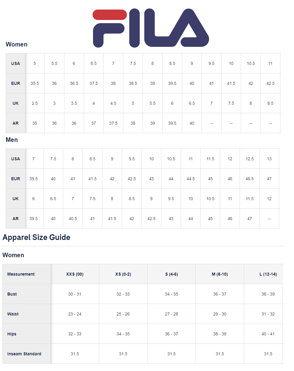 Fila Size Chart