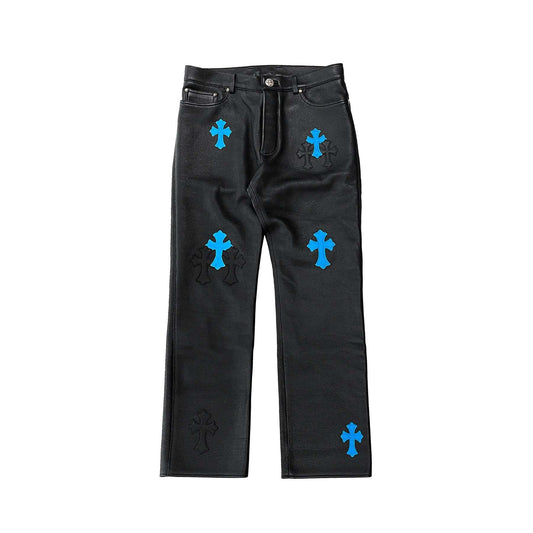 Chrome Hearts White & Blue Leather Cross Patches Jeans - SRM