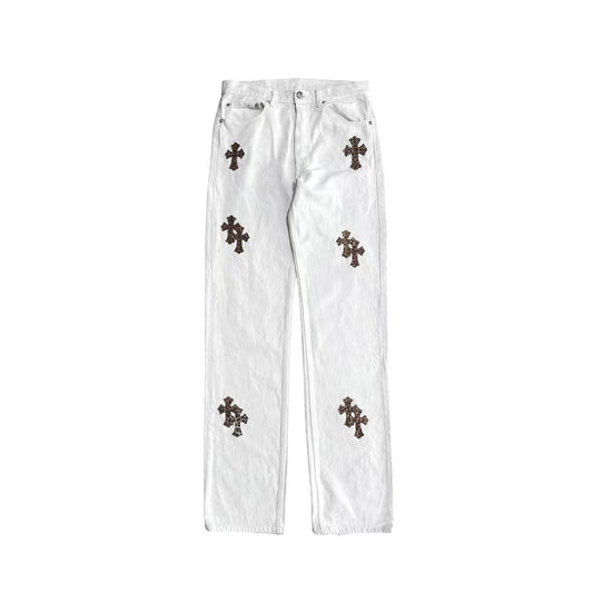 Chrome Hearts White & Blue Leather Cross Patches Jeans - SRM – SHENGLI ROAD  MARKET