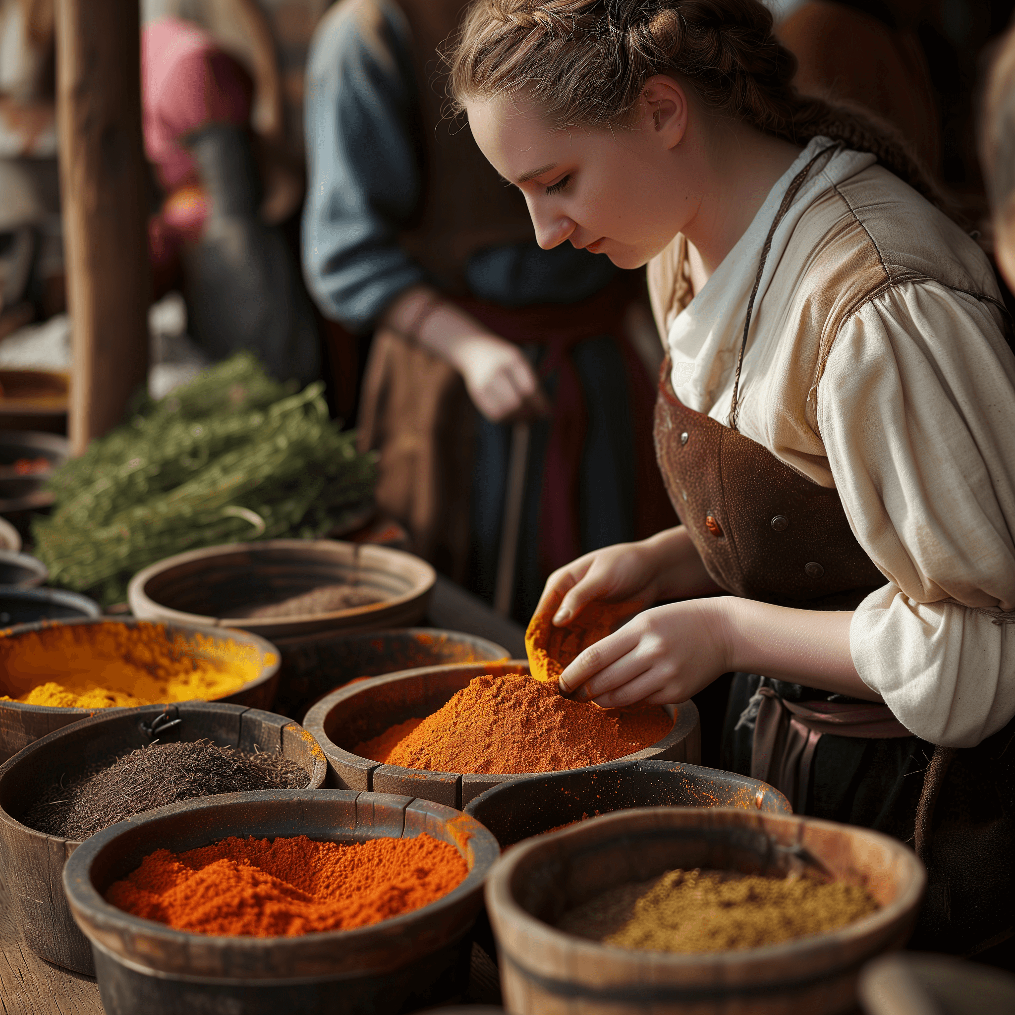 A woman inspecting high quality spices in medieval gotland