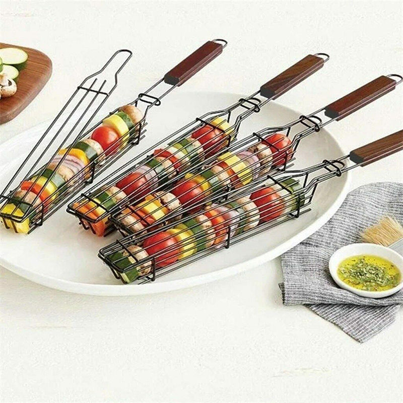 Stainless Steel Grilling Baskets Barbecue Grill BBQ Lockable Grid and Wood Handle Kebab Stick Vegetable Meat Skewers Roast Holder Cage with Wooden Handle for Grill Accessories