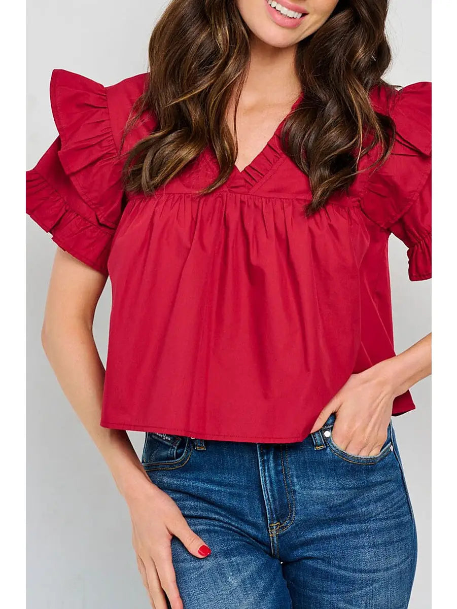 Ruffle Sleeve V-Neck Top