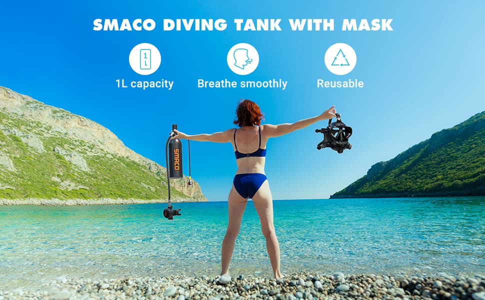 SMACO S400 Pro 1L Scuba Tank with M8058 Diving Mask