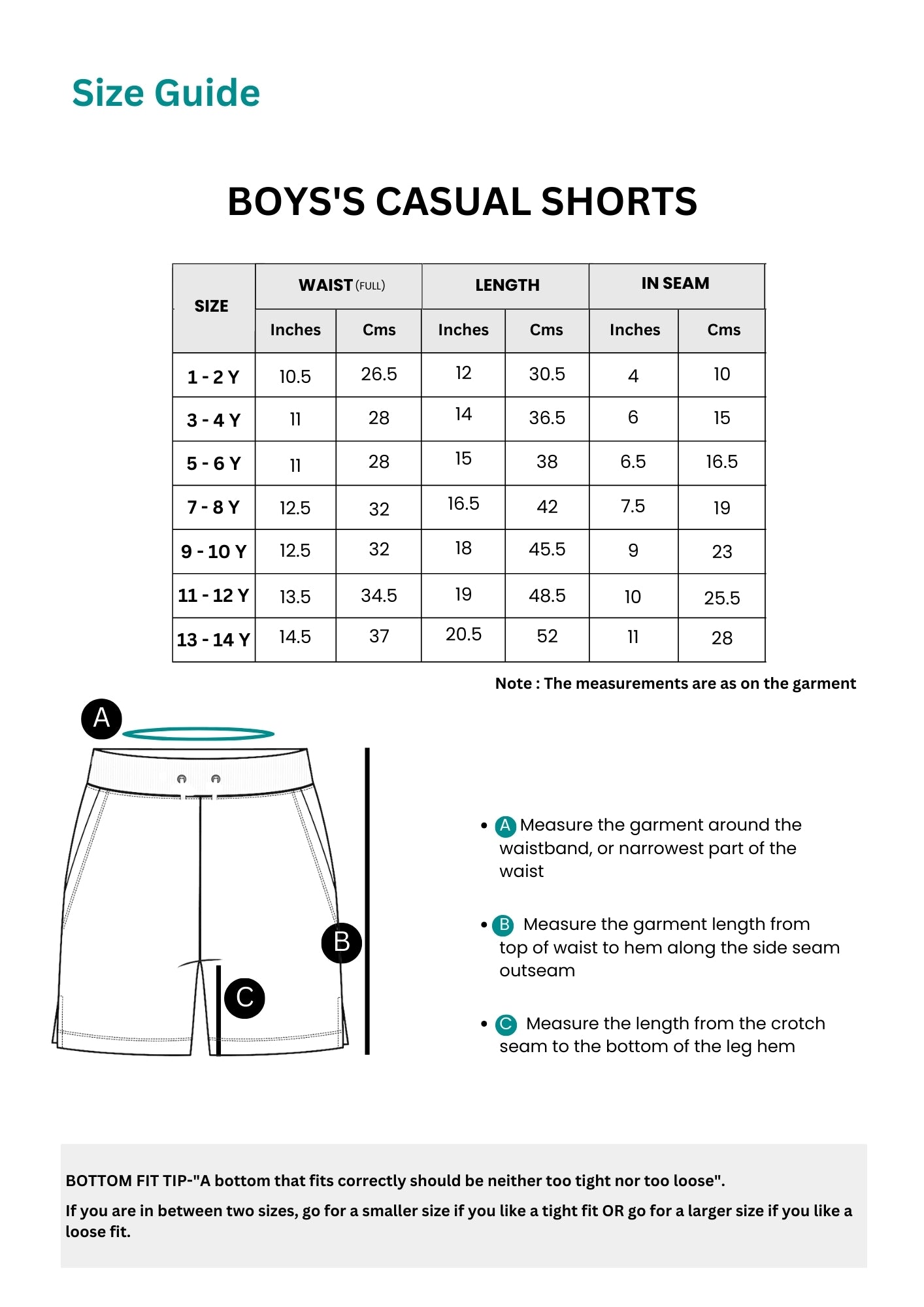 BOYS casual SHORTS  Size guide
