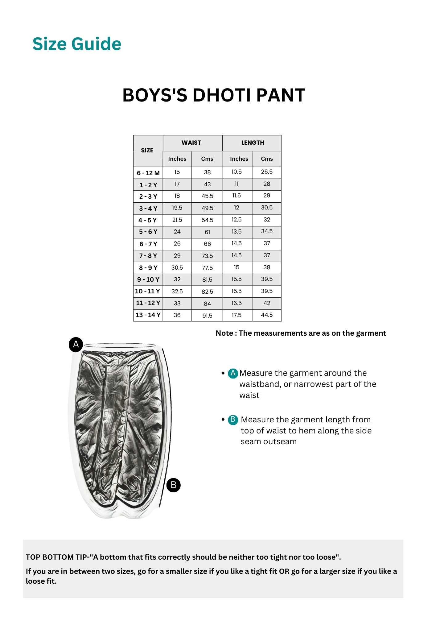 Boys Dhoti Pant Size guide