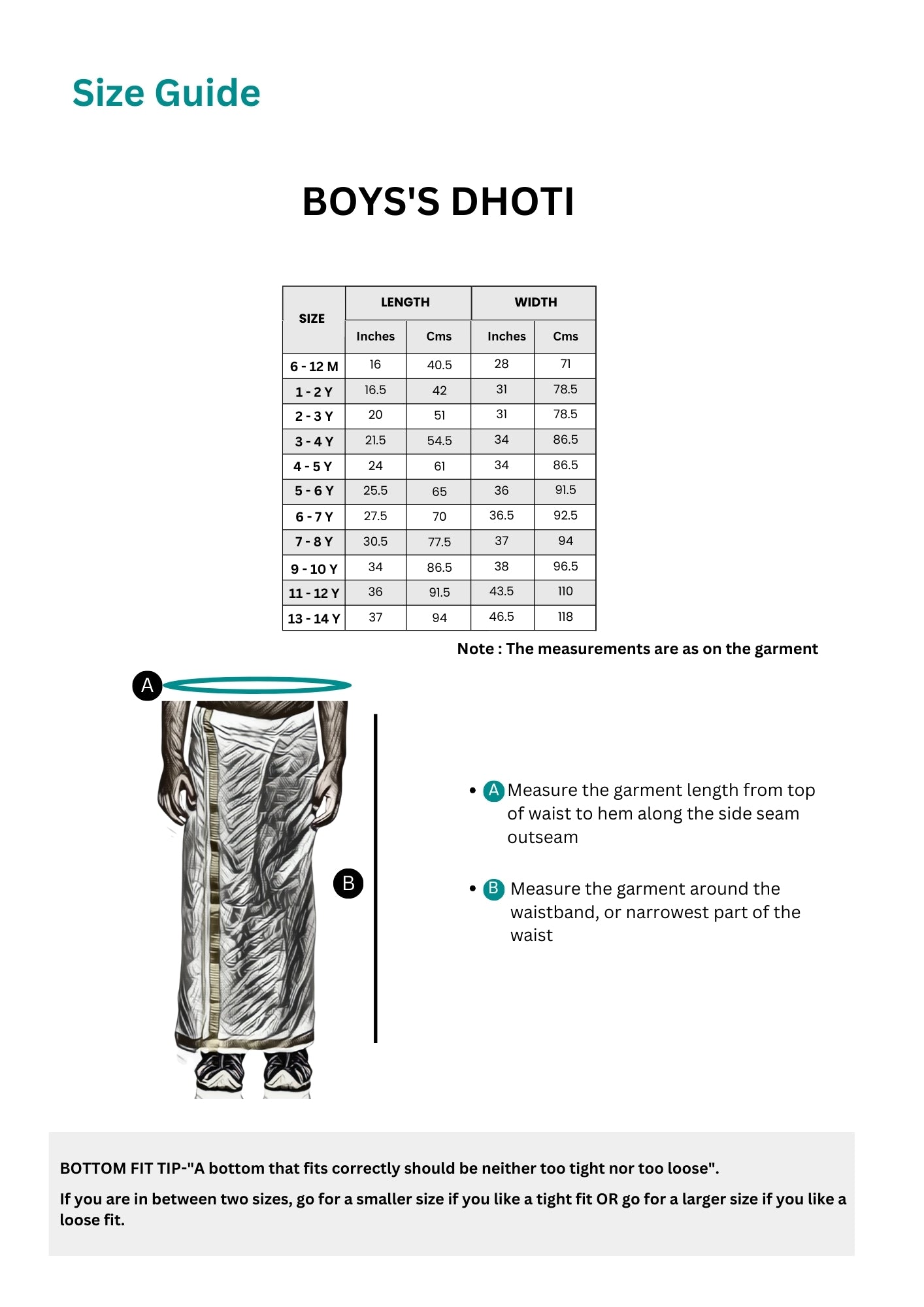 Boys Dhoti  Size guide
