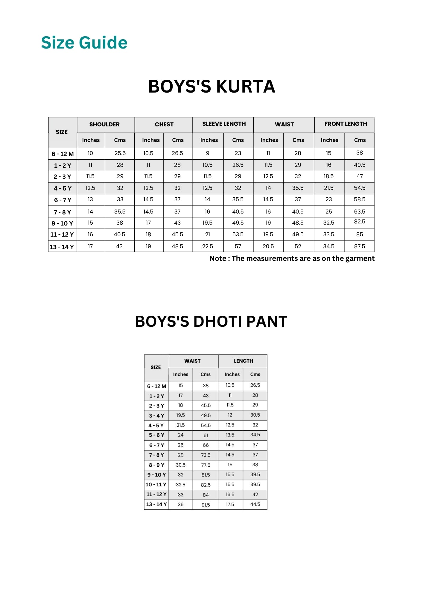 Boys Kurta Dhoti Pant Set size guide