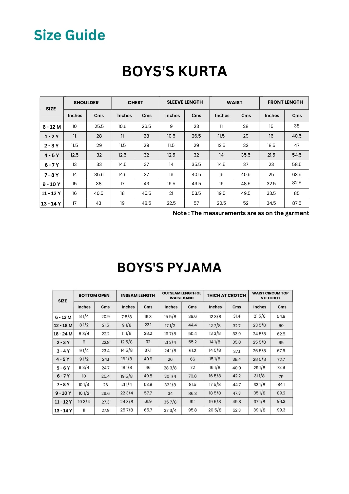 Boys Kurta Pyjama Set size guide