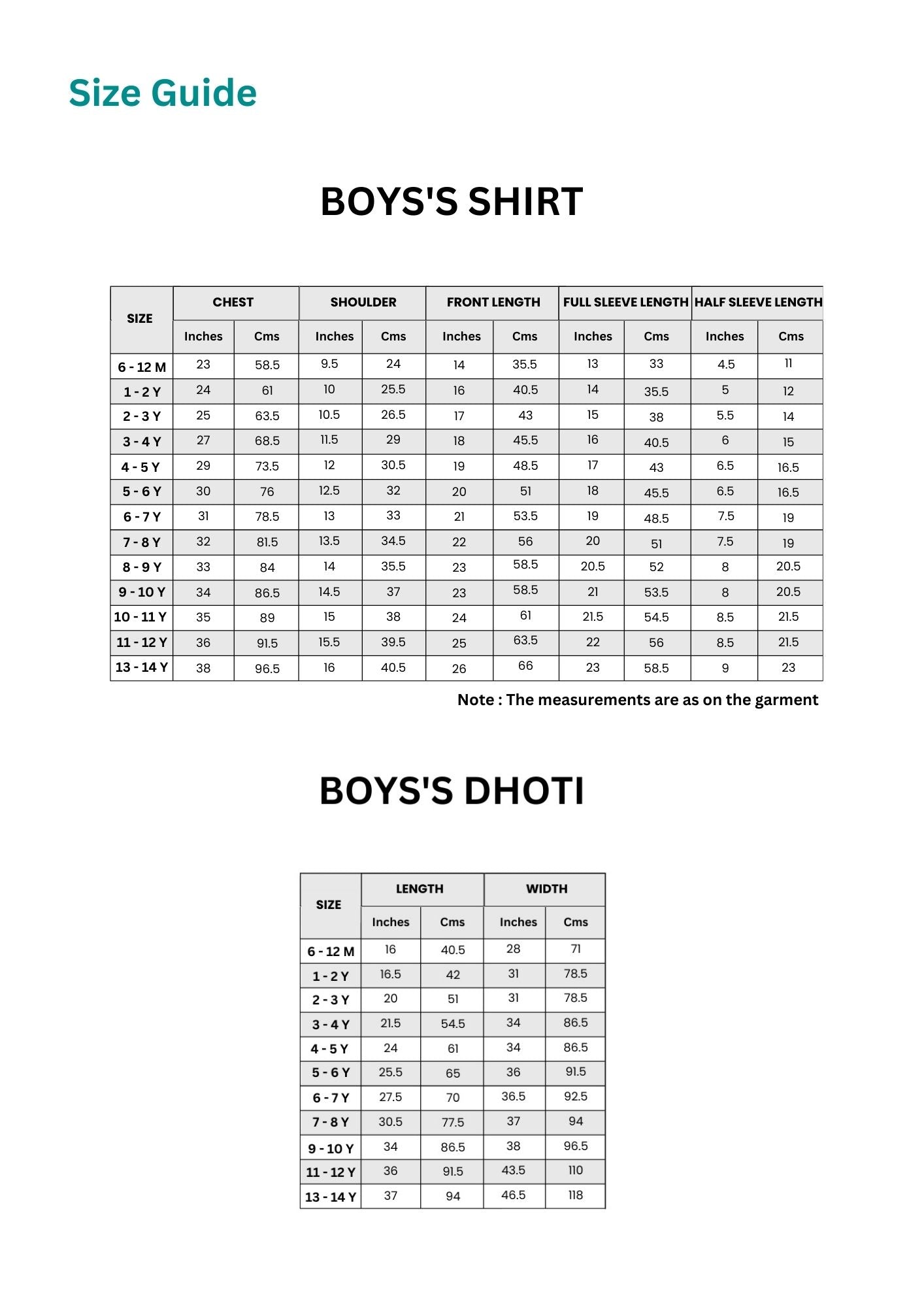 Boys Shirt Readymade Dhoti Set Size guide