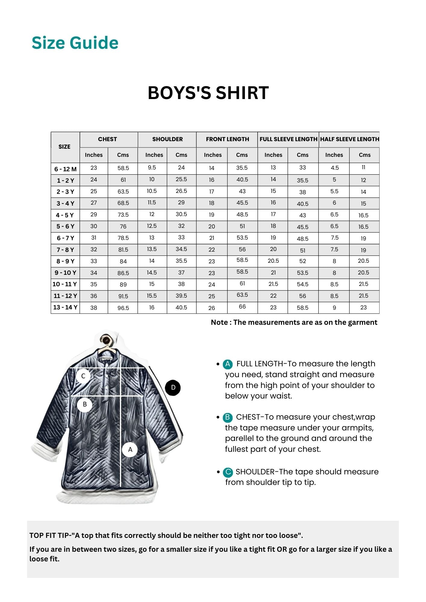 Boys Shirt Size guide