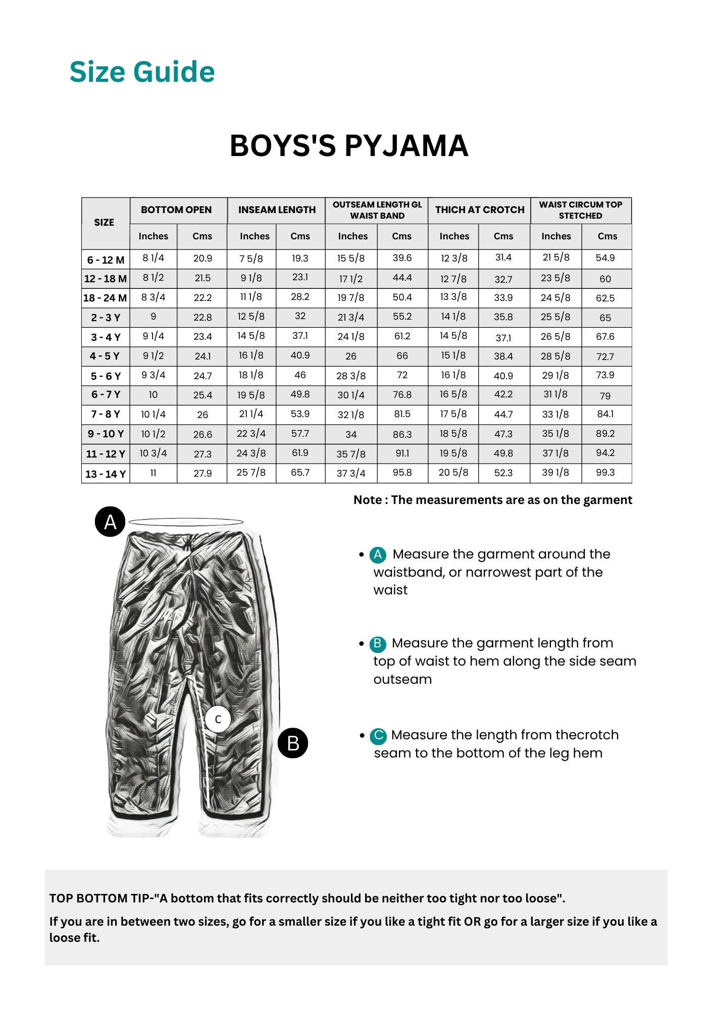 Boys pyjama Shirt Size guide