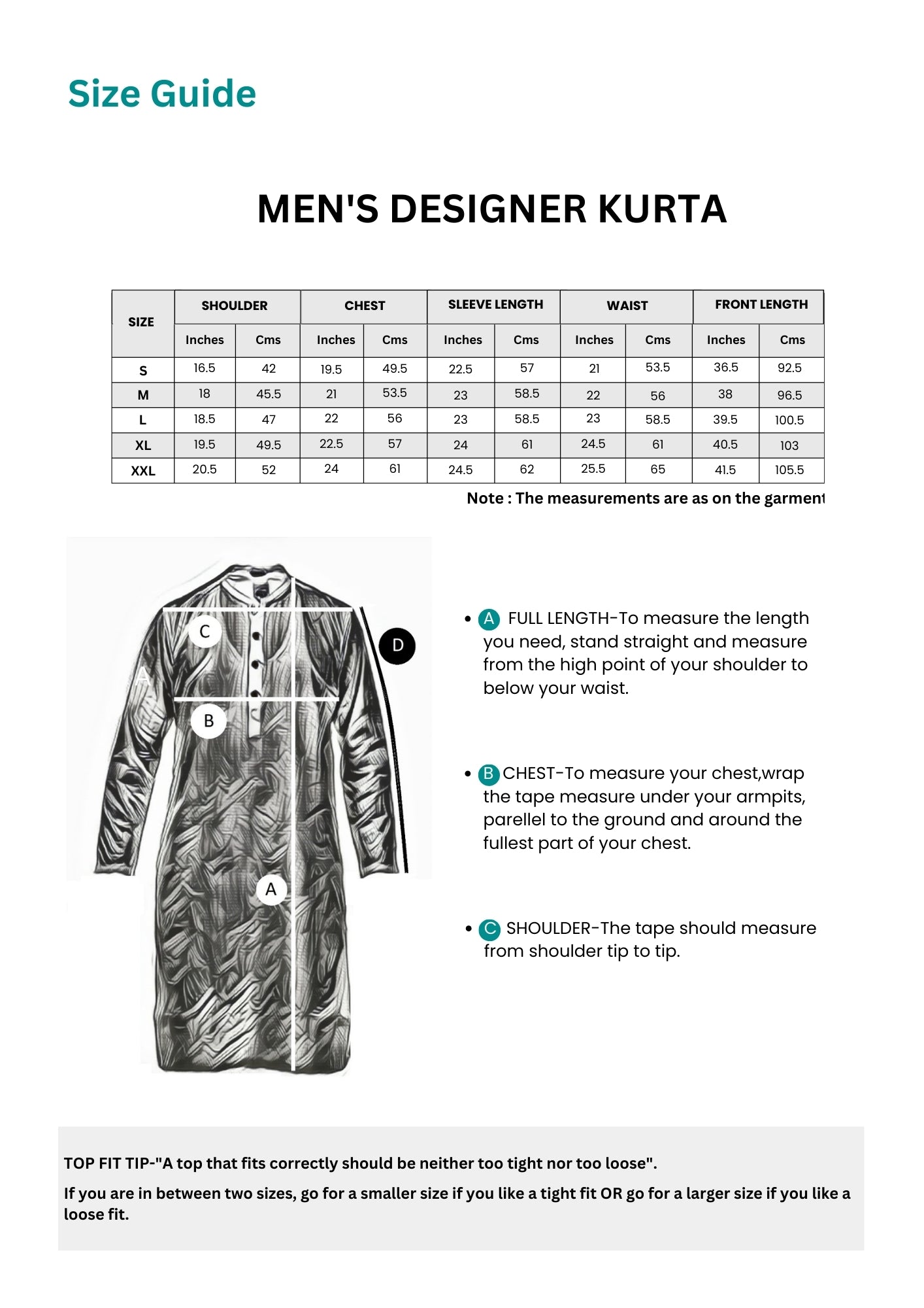 Men Designer Kurta Size Guide